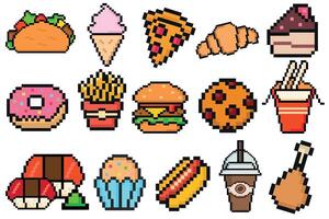 Fast food pixel art set of icons, fast restaurant pixelated elements burger, hot dog, taco, pizza. Vintage game assets 8-bit sprite vector