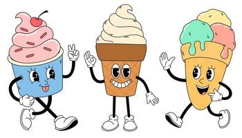 Groovy ice cream set. Hand draw Funny dessert mascot in retro style for caffe. doodle comic collection vector