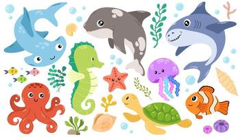 Sea life elements set. Hand draw doodle cartoon set of marine life objects for your design. vector