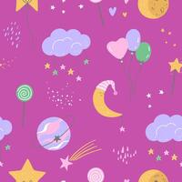 Seamless pattern with cloud, moon, planet, balloons and stars in childish style vector