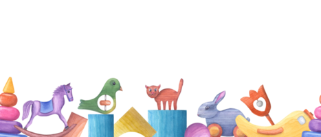 Rassel Vogel, Katze, Hase, Pyramide, Würfel, Pferd gemacht von Blöcke. . hölzern Elemente gemacht von Gebäude Ziegel. hölzern Spielzeuge. nahtlos horizontal Banner. Aquarell Illustration zum Baby Dekor png