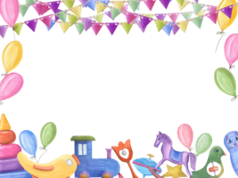 Horizontal frame with kid wooden train, beanbag, spinning top, pyramid, plane. Colored balloons and flag garlands. Wooden toys. Watercolor illustration for kid birthday, party. Space for text png