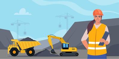 Excavator and dump truck working at coal mine. Open pit mine or quarry, extraction machinery. Woman engineer in orange protective helmet on the foreground. illustration. vector