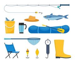 Equipment and tools for fishing. Fishing rod, float, inflatable rubber boat, landing net, fishers clothes, hook, fish, hat, flashlight, boots. Outdoor activity, recreation, hobby. vector