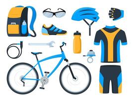 Bicycle set. Bike equipment. Cyclist gear, sportswear for biker, track accessories for extreme sport training isolated on white. illustration. vector