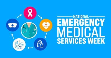 mayo es nacional ems semana o emergencia médico servicios semana antecedentes modelo. fiesta concepto. utilizar a fondo, bandera, cartel, tarjeta, y póster diseño modelo con texto inscripción vector