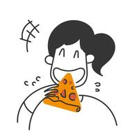 hand drawn doodle person eat pizza illustration vector
