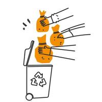 hand drawn doodle collect rubbish in the trash together illustration vector