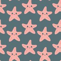 Seamless pattern with hand drawn cute starfish on dark blue background. Marine life animals. Template for print, fabric, greeting card and invitation. vector