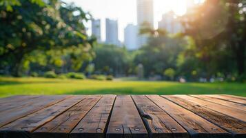 Empty wooden table with blurred city park on background, photo