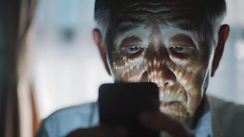 un mayor asiático hombre tiene borroso visión desde curioso a su teléfono para un largo hora foto