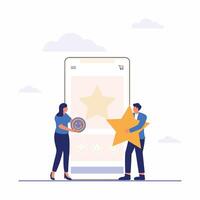 Happy people are holding review stars and experience feedback concept vector