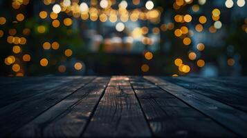 Empty dark wooden table in front of abstract blurred bokeh background of restaurant can be used for display or montage your productsMock up for space, photo