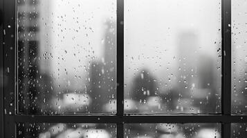 Black and white backdrop with blurred snowy cityscape through transparent window pane with condense in daytime, photo