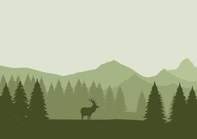 Deer in mountains and pine forest. Illustration in flat style. vector