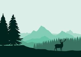 Deer in mountains and pine forest. Illustration in flat style. vector