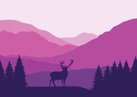 Deer in mountains and pine forest. Illustration in flat style. vector