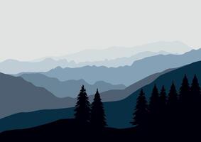 paisaje con montañas y pino bosque. ilustración en plano estilo. vector