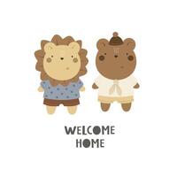 Welcome home. Cartoon animals, hand drawing lettering, decor element. vector