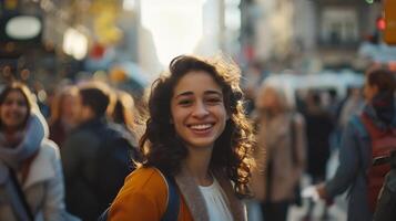 sonriente mujer en pie en medio de multitud en ciudad, foto