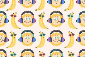 Groovy seamless pattern. Cute Sunshine in headphones with funny tropical fruit. Groovy characters with fashion accessories. Cartoon bananas in sunglasses. Nostalgia for 2000s, 90s, 80s, 70s. vector