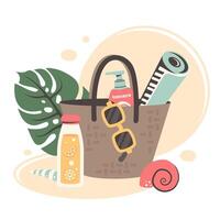 Summer time. Hot summer weather, beach items for sunbathing, walking, weekend holiday, picnic, relaxing.Tropical vacation. Resort design with beach bag, sunscreen, lemonade, sunglasses, shells. vector