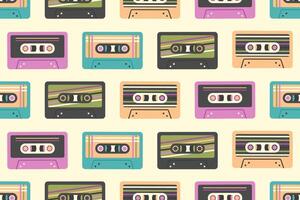 Retro cassette seamless pattern. Vintage audio cassettes in 90s, 80s, 70s style. Various colorful old cassettes to tape recorder. Old school concept. Music background. illustration vector