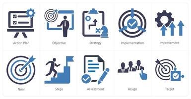 un conjunto de 10 acción plan íconos como acción plan, objetivo, estrategia vector