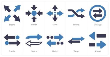 un conjunto de 10 flechas íconos como expandir, centro, moverse vector