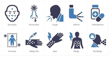 A set of 10 allergy icons as dermatitis, runny nose, cough vector