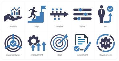 A set of 10 action plan icons as analysis, steps, timeline vector