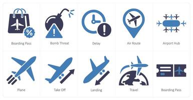 A set of 10 airport icons as boarding pass, bomb threat, delay vector