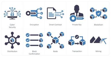 un conjunto de 10 blockchain íconos como ciber seguridad, cifrado, inteligente contrato vector