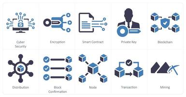 A set of 10 blockchain icons as cyber security, encryption, smart contract vector