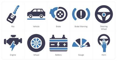 un conjunto de 10 coche íconos como llave, vehículo, freno vector