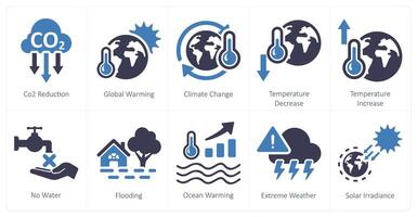 un conjunto de 10 clima cambio íconos como co2 reducción, global calentamiento, cambio climático vector