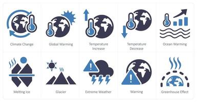 A set of 10 climate change icons as climate change, global warming, temperature increase vector