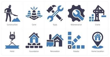 A set of 10 build icons as construction, cone, tools vector