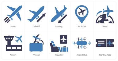 un conjunto de 10 aeropuerto íconos como avión, despegar, aterrizaje vector