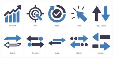 un conjunto de 10 flechas íconos como aumentar, apuntar, rehacer vector