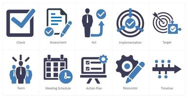 A set of 10 action plan icons as check, assesment, act vector