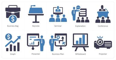 A set of 10 business presentation icons as business bag, keynote, seminar vector