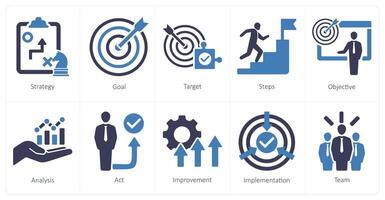 un conjunto de 10 acción plan íconos como estrategia, meta, objetivo vector