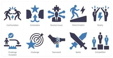 A set of 10 challenge icons as confrontation, contenders, resolve issues vector