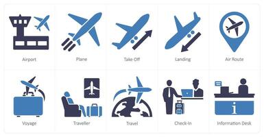 A set of 10 airport icons as airport, plane, takeoff vector