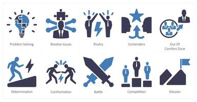 A set of 10 challenge icons as problem solving, resolve issues, rivalry vector