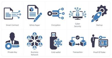 un conjunto de 10 blockchain íconos como inteligente contrato, blanco papel, cifrado vector