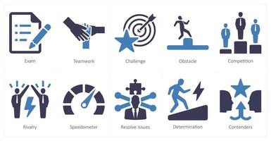 A set of 10 challenge icons as exam, teamwork, challenge vector