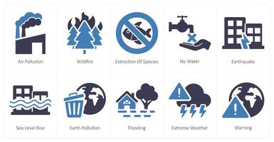 A set of 10 climate change icons as air pollution, wildfire, extinction of species vector