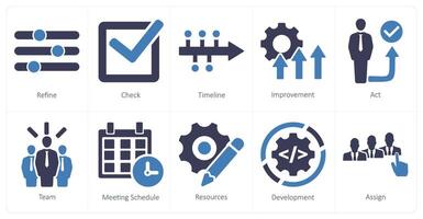 A set of 10 action plan icons as refine, check, timeline, improvement vector